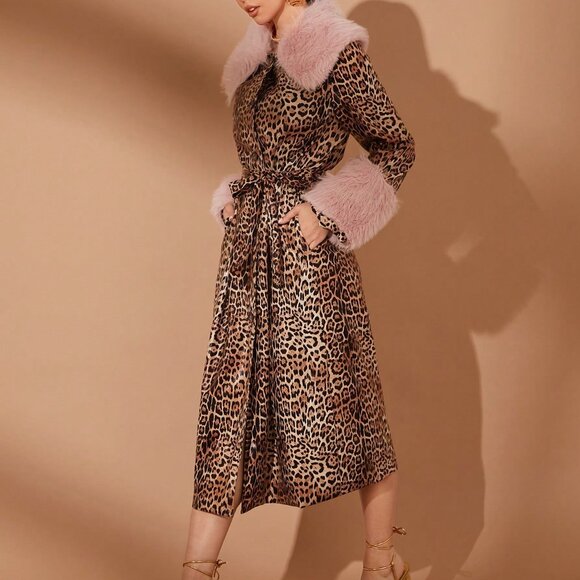 Coffee Brown Casual Women's Fluffy Leopard Party Jacket - Picture 7 of 8